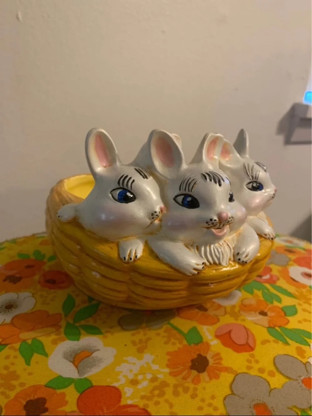 Vintage retro bunnies in basket planter/ bowl